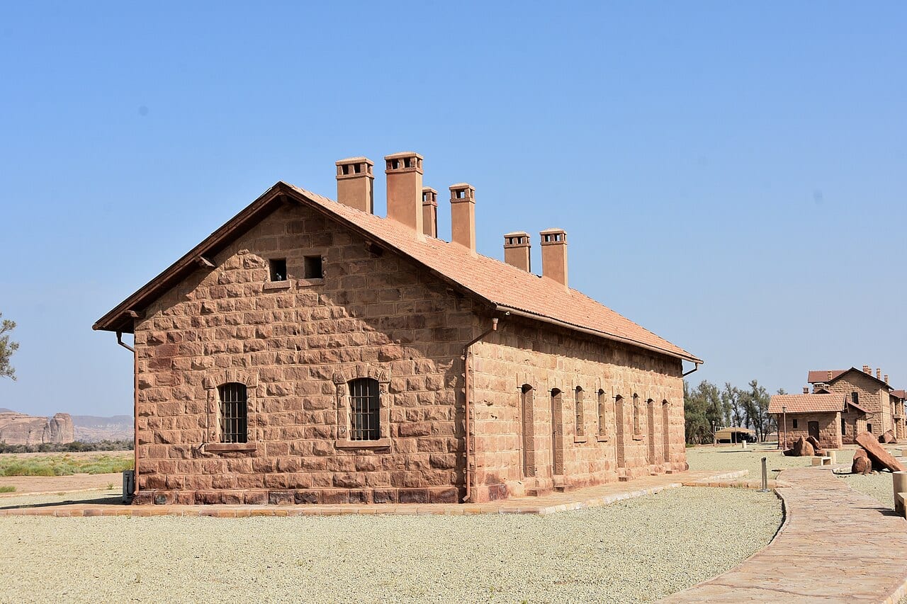 The stone Hijaz Railway station building at Hegra