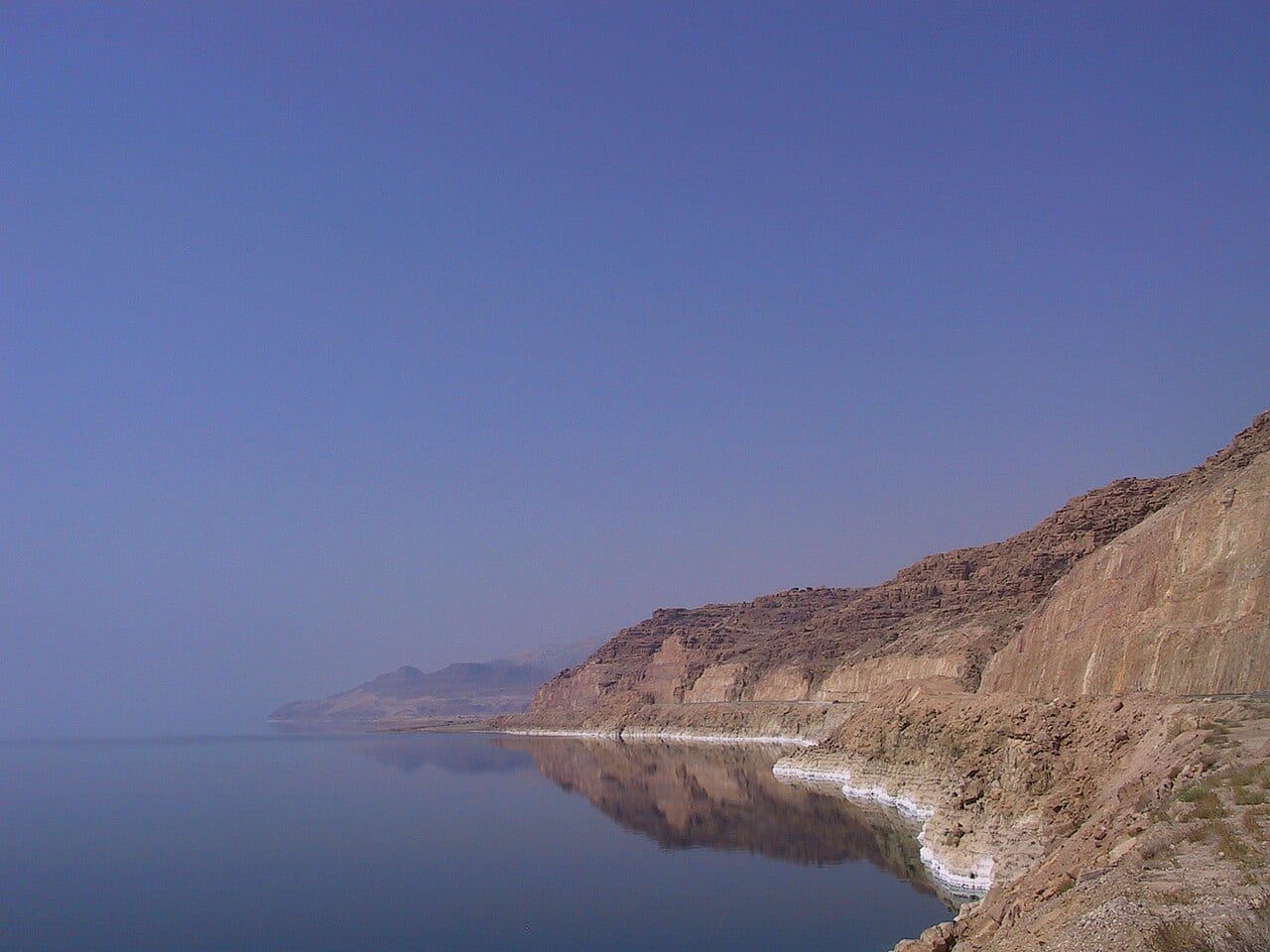 White salt deposits along the Jordanian shore of the Dead Sea