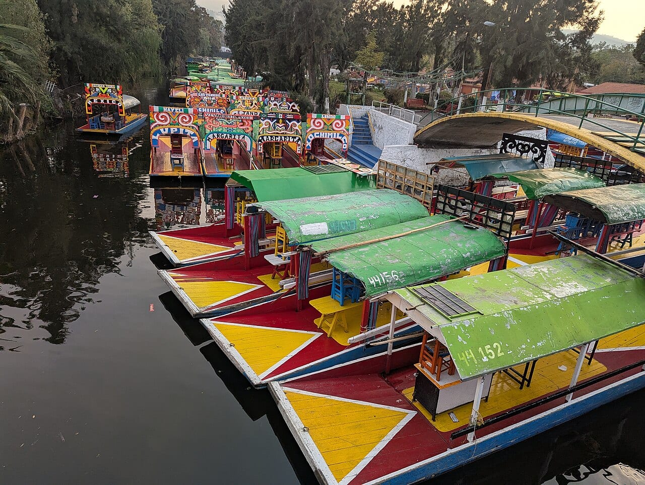 Colourful trajineras boats on the canals of Xochimilco in Mexico City
