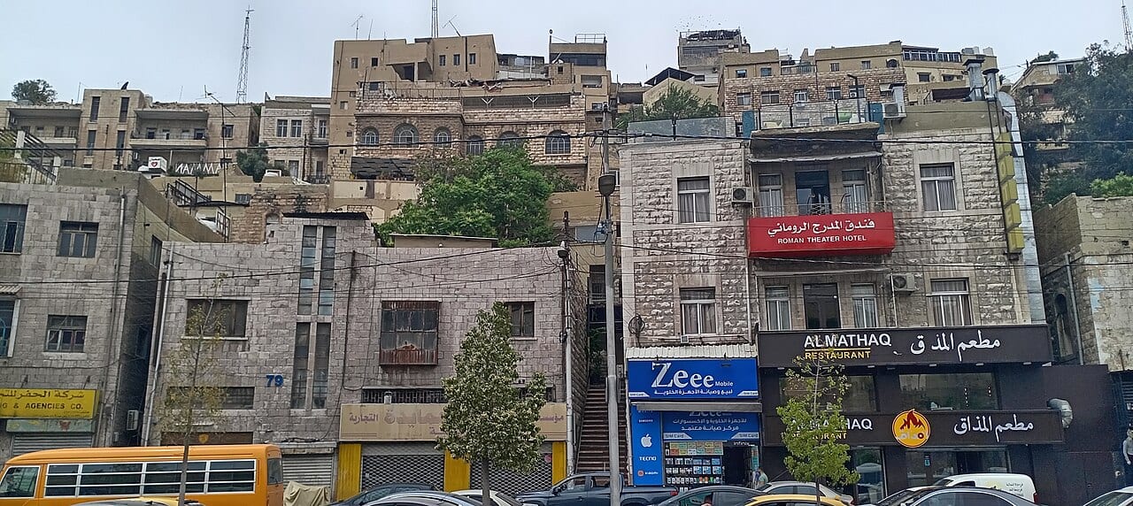 Shops and traffic on King Faisal Street in downtown Amman