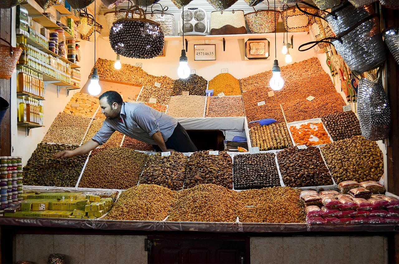 A spice and olive stall in the Marrakech medina