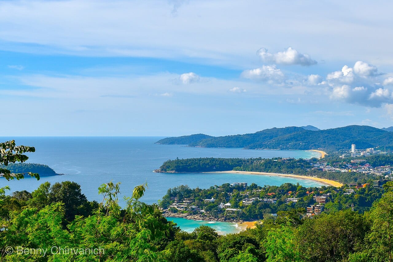 Aerial view of Phuket beaches and green headlands from Karon Viewpoint