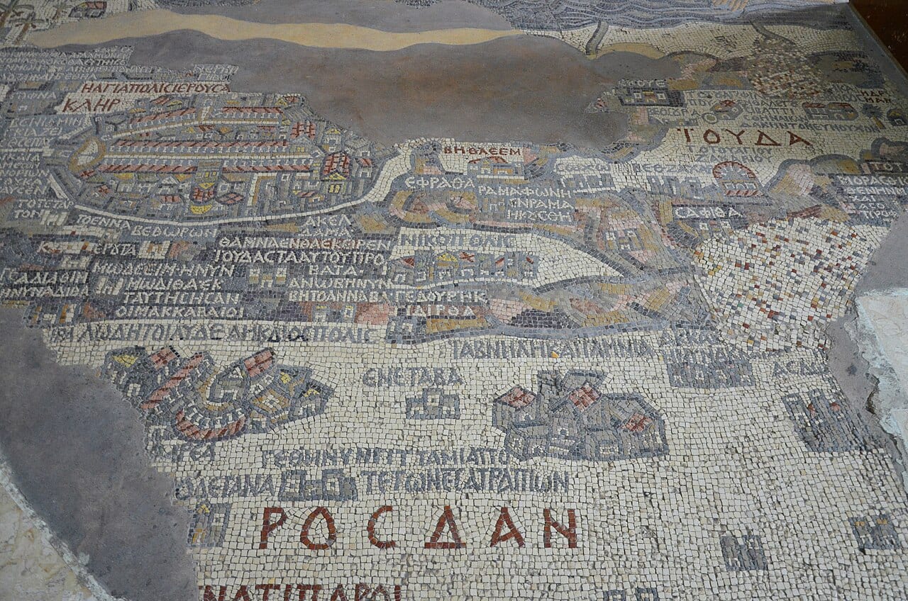 Detail of the 6th-century Madaba mosaic map showing the Jordan River and the Dead Sea