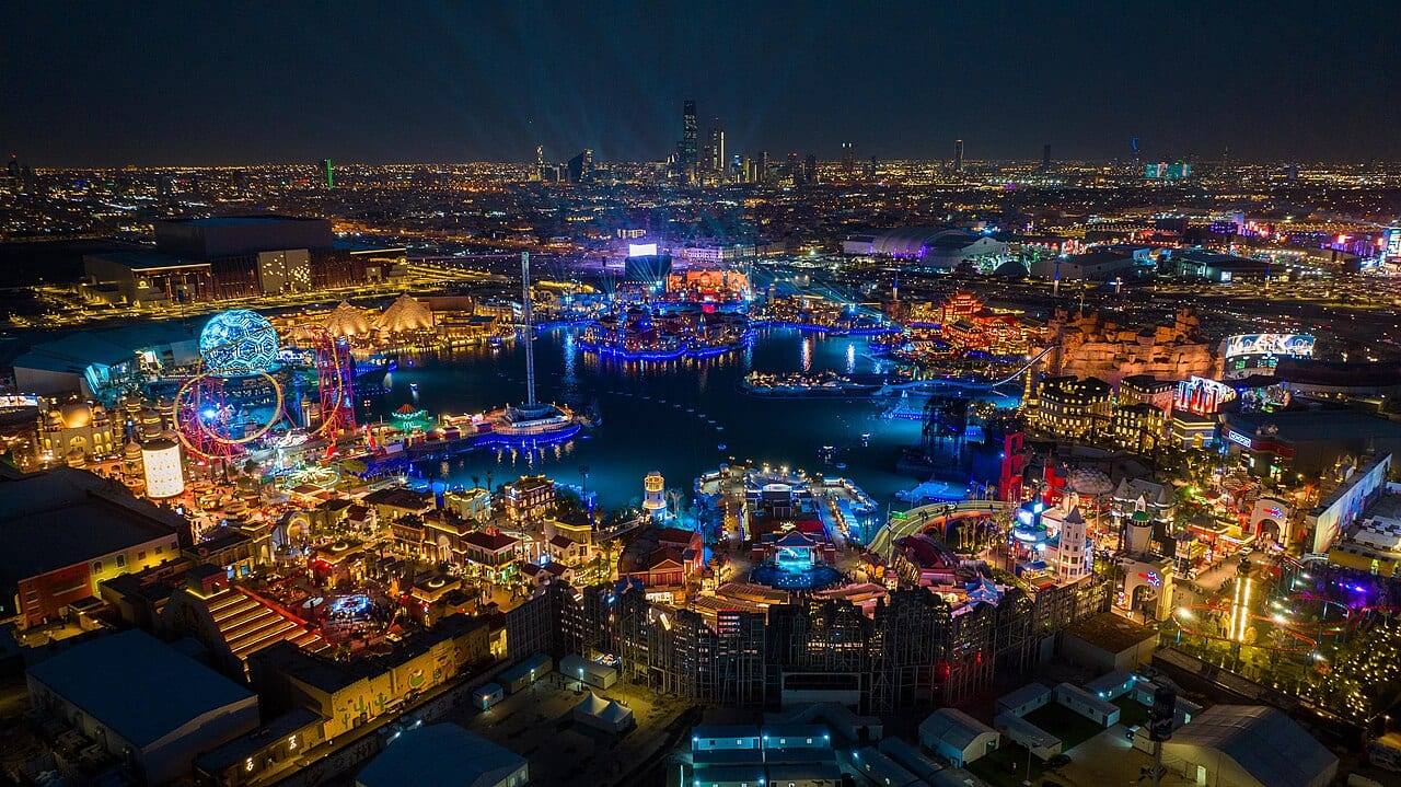 Aerial view of Boulevard World in Riyadh lit at night