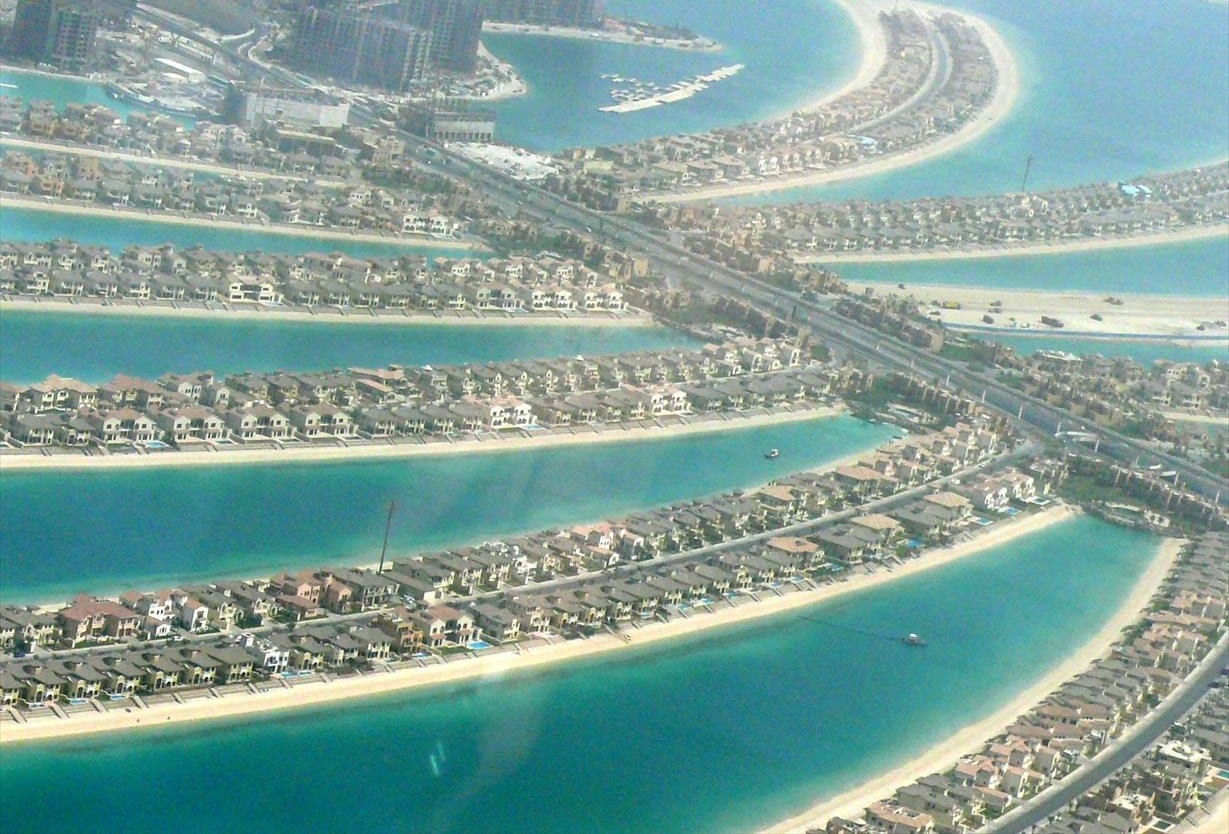 Aerial view of Palm Jumeirah, the palm-shaped island off the Dubai coast
