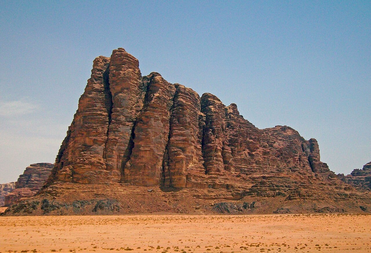 The fluted sandstone mountain known as the Seven Pillars of Wisdom in Wadi Rum