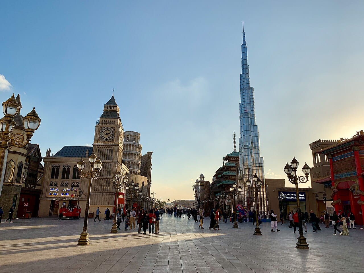 Country pavilions lit up at night at Global Village Dubai