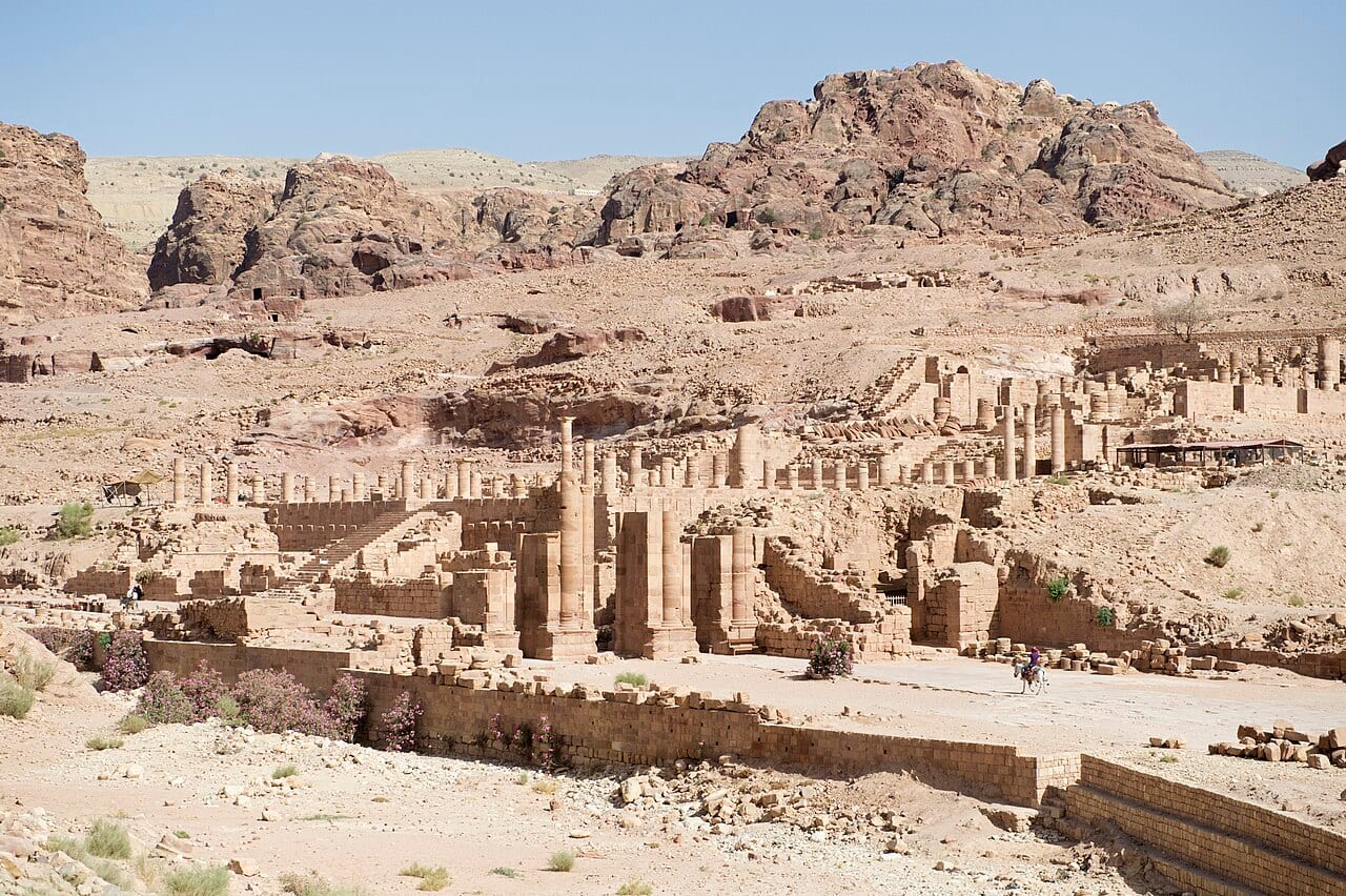 Ruins of the Great Temple complex in central Petra with columns and stairways