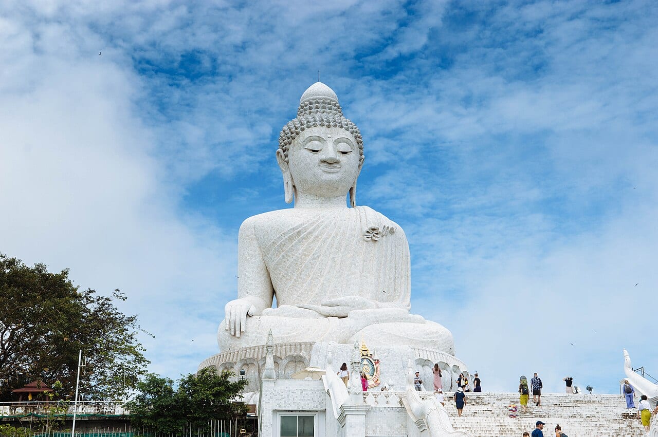 The white marble Big Buddha statue on a hilltop in Phuket