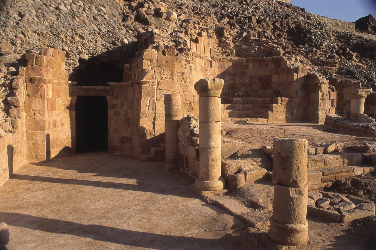 Stone ruins and columns of the Byzantine monastery at Lot's Cave near Ghor es-Safi