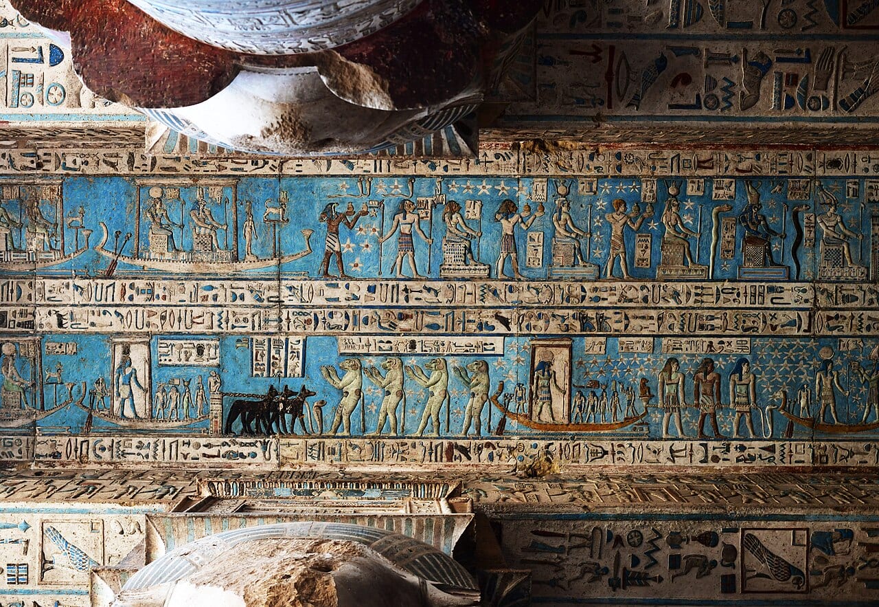 The blue painted ceiling of the Temple of Hathor at Dendera