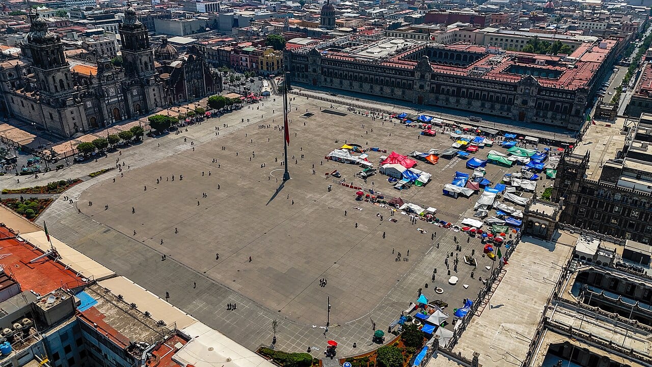Aerial view of the Zocalo main square in Mexico City with the cathedral and National Palace